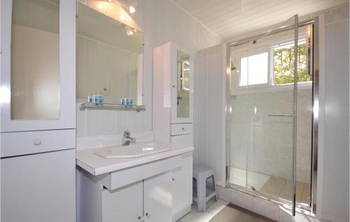 uma casa de banho branca com um lavatório e um chuveiro em Nice Home In Mirabel Aux Baronnies With 3 Bedrooms And Wifi em Mirabel-aux-Baronnies