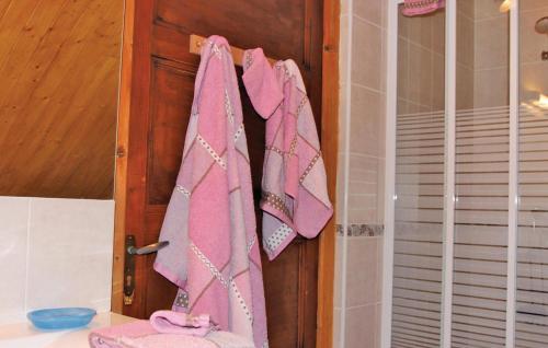 un grupo de toallas rosas colgando de una puerta en Gte Du Jocou, en Glandage