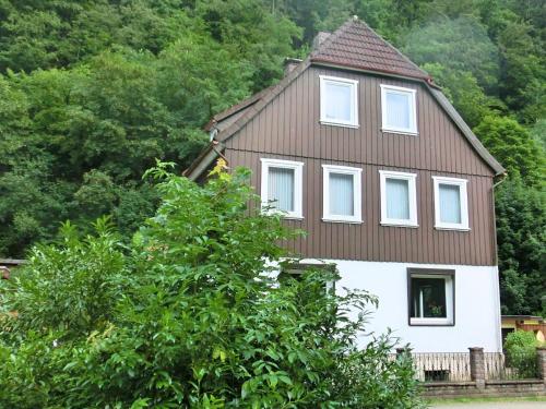 ZorgeにあるDetached group house in the Harz region with a fenced gardenの白い屋根の家