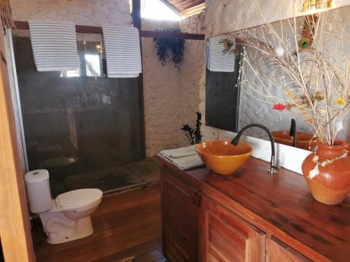 a bathroom with a sink and a toilet and a counter at Beach Bungalow-KiteAliCori , Macapa' in Luis Correia