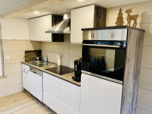 a kitchen with a microwave oven and a sink at Detached holiday home in the Harz with wood stove in Güntersberge