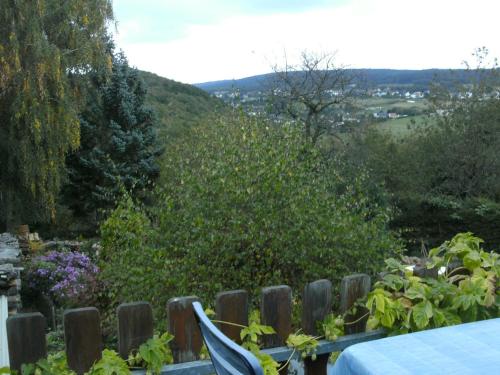 ThalfangにあるSnug Apartment in Morbach Riedenburg with Terraceのテーブルと木製の柵のある庭園