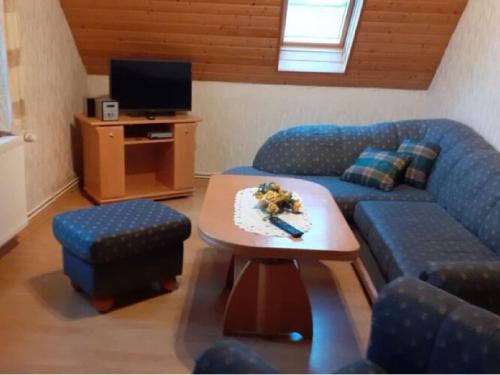 ein Wohnzimmer mit einem blauen Sofa und einem Tisch in der Unterkunft Lovely Farmhouse in Friedrichsfeld with Garden in Trendelburg