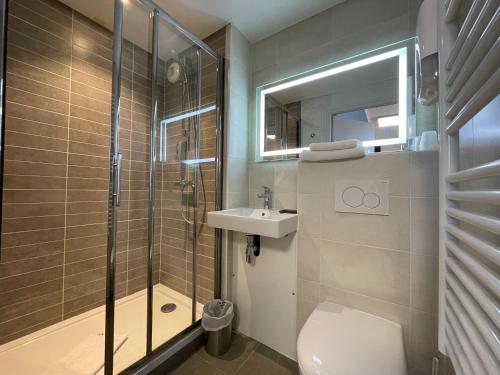 uma casa de banho com um chuveiro, um WC e um lavatório. em La Tour D'ivoire em Reignier
