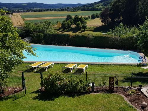 una piscina en un campo con dos bancos en el césped en Apartment with panoramic views, en Attendorn