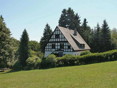 a black and white house on a hill in a field at Idyllic holiday home near the ski area in Winterberg