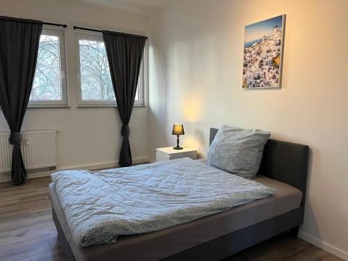 a bedroom with a bed and two windows at NorthApartments Chemnitz in Chemnitz