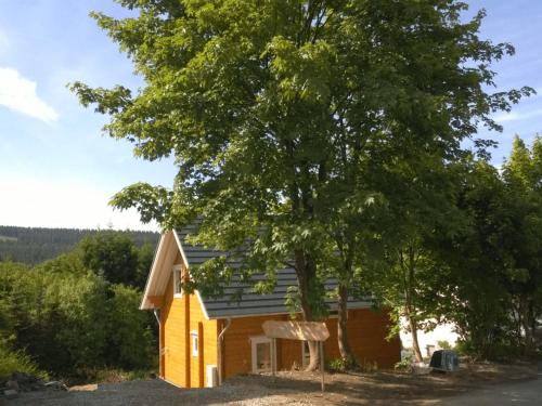 una pequeña casa amarilla con un árbol delante en Detached holiday home with sauna, en Medebach