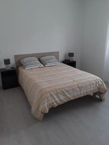 un lit avec deux oreillers dessus dans une chambre dans l'établissement Villa en bordure de forêt ., à Onesse-et-Laharie