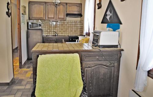 a kitchen with a counter with a microwave and a refrigerator at Holiday Home Kerlouan Vi in Kerlouan