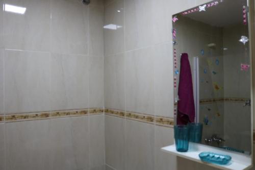 a bathroom with a shower and a sink and a mirror at Apartamentos La Carmen in Arrecife