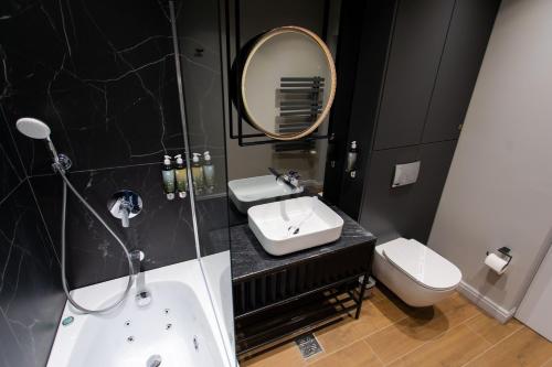 a bathroom with a sink and a mirror and a toilet at Vila Avy in Haţeg