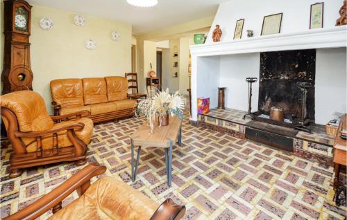Elle comprend un salon doté d'un mobilier en cuir et d'une cheminée. dans l'établissement Pet Friendly Home In Uzès, à Baron