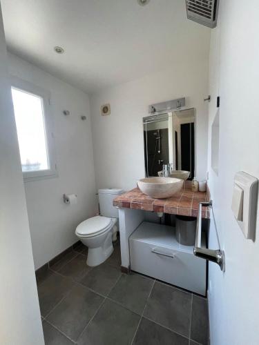une salle de bain avec un lavabo et des toilettes dans l'établissement LA MANOSC, à Grimaud