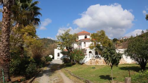 a white house on a hill with a palm tree at Quinta Da Mimosa in Monchique