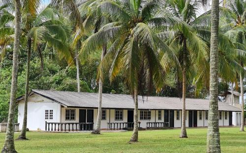 una casa blanca con palmeras delante en The Saddle Resort, en Kuantan