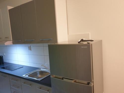 uma cozinha com um frigorífico de aço inoxidável e um lavatório em Emi2 em Vir