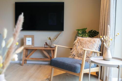 a living room with a chair and a tv at Stijlvol ingerichte bungalow aan de Westerschelde in Baarland