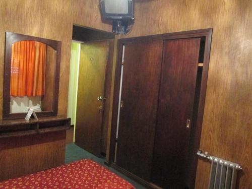 a room with a door and a mirror and a red rug at Hotel Nahuel in Rosario