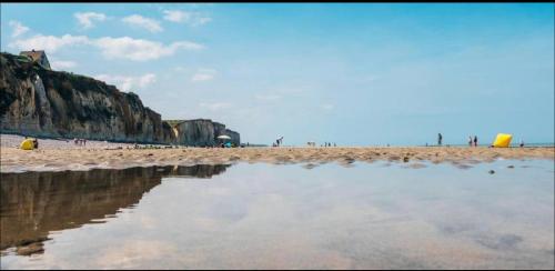 a beach with people and people standing on the sand at Maison individuelle neuve plein pied avec terrasse et jardin clos 10minutes a pied de la plage in Quiberville