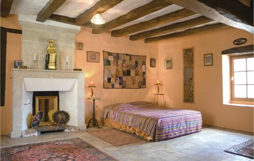 une chambre avec un lit et une cheminée dans l'établissement Cozy Home In Preuilly Sur Claise, à Preuilly-sur-Claise