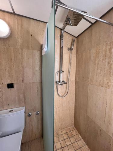 a shower with a glass door in a bathroom at VTZ Hotel San Valero in Zaragoza