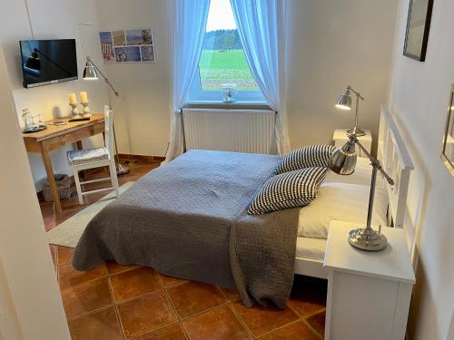 a bedroom with a bed and a desk and a window at Gut Basthorst in Basthorst