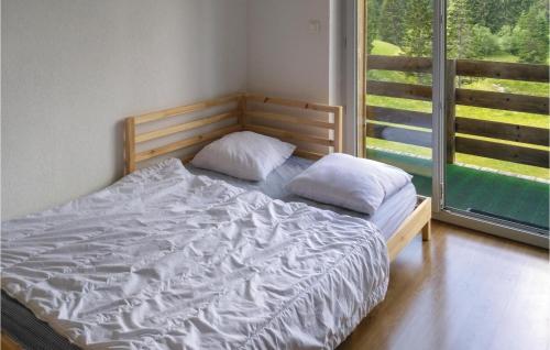 a bed with two pillows in a bedroom with a window at Cozy Apartment In Premanon With Kitchenette in Prémanon