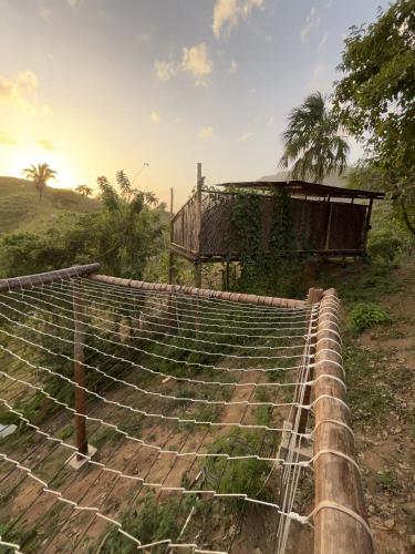 a barbed wire fence in front of a building at The Valley Tayrona hostel- A social jungle hostel in El Zaino