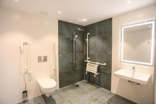 a bathroom with a toilet and a sink at Hotel Lutz in Rain