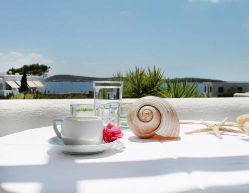 a cup of coffee and a seashell on a table at Nissiotiko Studios & Apartments in Drios