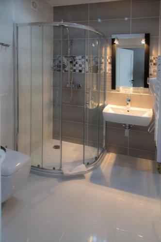 a bathroom with a shower and a sink and a toilet at Hotel Imperial Residence in Sandomierz