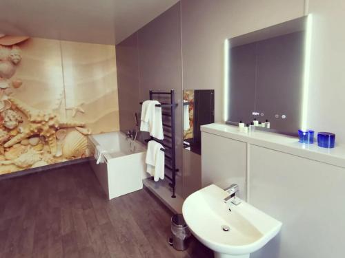 a bathroom with a white sink and a mirror at Hotel Victoria in Lowestoft