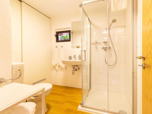 a bathroom with a shower and a toilet at Ferienwohnung Gode Tied in Bergen auf Rügen