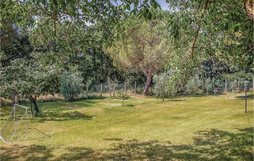a field of grass with trees and a fence at Maurizia in Bagnoregio