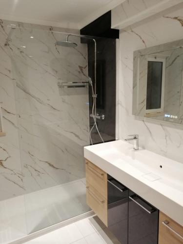 a bathroom with a sink and a shower at Jardim da Meia Praia Apartment in Lagos