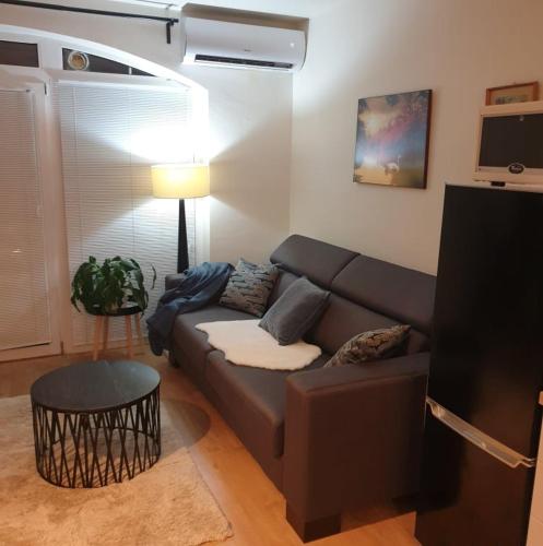 a living room with a couch and a table at Magyartenger Apartman Balatonlelle in Balatonlelle