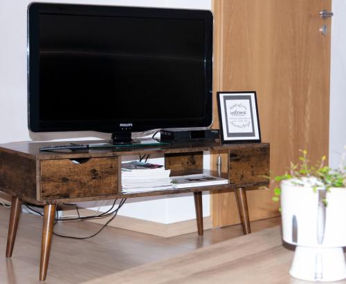 a tv on a wooden stand with a television on it at Ferienwohnung Bruderwald in Bamberg