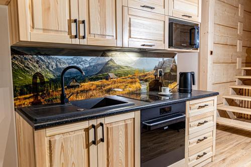 une cuisine avec un évier et un tableau mural. dans l'établissement Bajka Chateau, à Czarna Góra