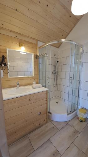 a bathroom with a shower and a sink and a tub at Podbucznik 4 Polica in Targoszów