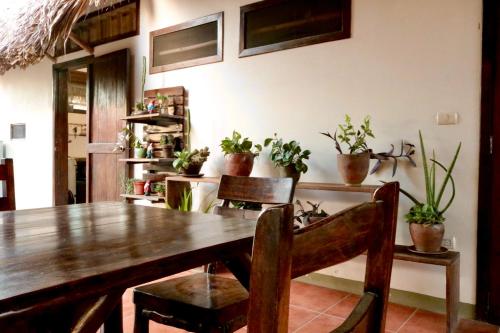 a dining room with a table and chairs and potted plants at Vibra Guesthouse Popoyo in Popoyo
