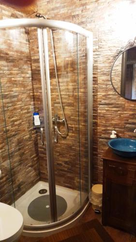 a bathroom with a shower and a sink at Lagar da Silveira in Penafiel