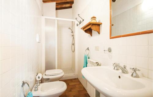 a white bathroom with a toilet and a sink at Schivanoia 3 in Bagno Vignoni