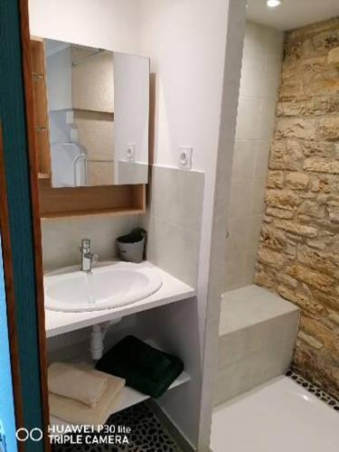 une salle de bain avec un lavabo et un miroir dans l'établissement Chambre hotes les oiseaux, à Uzech