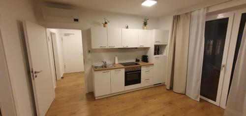 a kitchen with white cabinets and a wooden floor at Weingut & Ferienwohnungen Lenhard in Lang