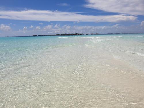 a beach with clear water and an island in the distance at Chambao Maldives in Guraidhoo