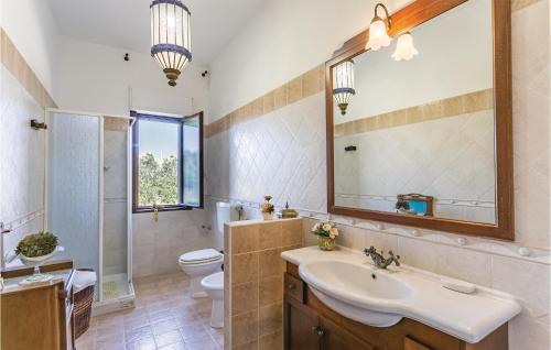 een badkamer met een wastafel, een toilet en een spiegel bij Villa Betty in Scuola