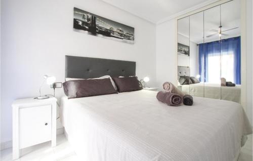 グアルダマル・デル・セグラにあるPet Friendly Apartment In Guardamar Del Segura With Kitchenの白いベッドルーム(大型ベッド1台、鏡付)