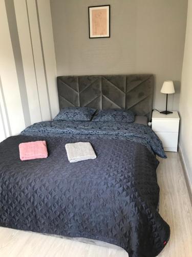 um quarto com uma cama com duas almofadas em Mały biały domek em Czestochowa