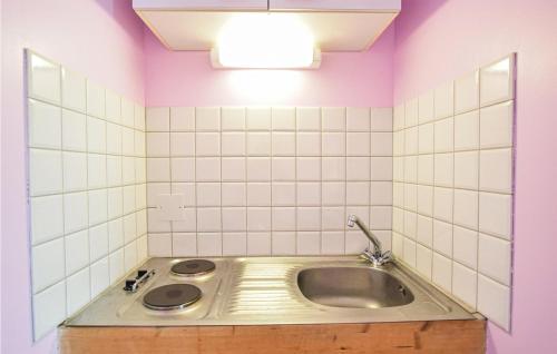 ein Waschbecken in einem Zimmer mit lila und weißen Fliesen in der Unterkunft Nice Apartment In Le Mesnil-esnard With Wifi in Le Mesnil-Esnard